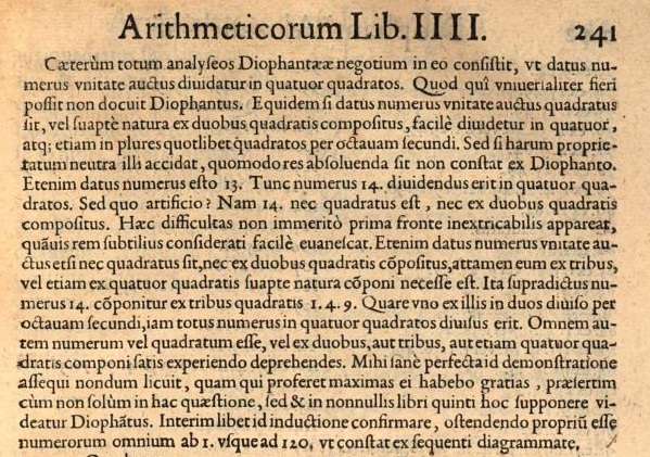 Diophantus Arithmetica, Latin translation by Bachet, 1621, top of page IIII-241.