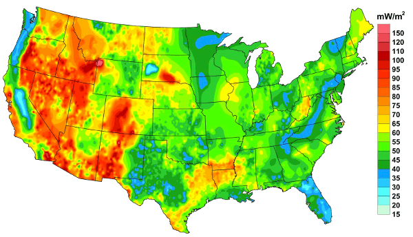 Heat flow map of the United States (SMU Geothermal Laboratory, 2011)