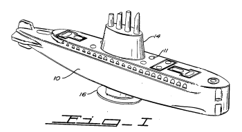 Figure one of US Patent No. 2,712,710, 'Toy Submarine,' by Henry Hirsch and Benjamin L. Hirsch