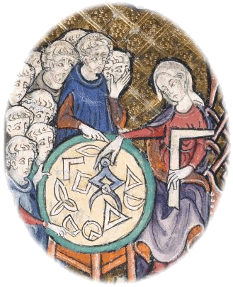 A woman teaching geometry to a group of monks, circa 1309-1316.