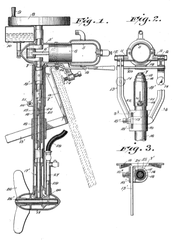 Figures 1 and 2 from US Patent No. 1,001,260, 'Marine Propulsion Mechanism,' by Ole Evinrude (August 22, 1911)