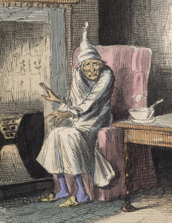 Ebenezer Scrooge at a fireplace, from a John Leech illustration for  Charles Dickens, A Christmas Carol.