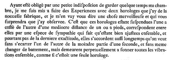 Portion of a February 27, 1665, letter of Christiaan Huygens to R. Moray.