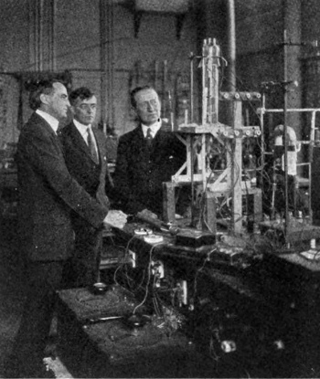 Left to right, Willis R. Whitney, Irving Langmuir, and Guglielmo Marconi