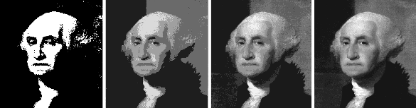 Image of George Washington rendered in 1-, 4-, 8-, and 16-bit dynamic range.