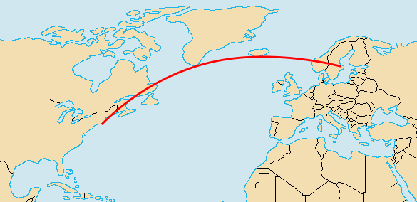 Great circle route between Stockholm and New York City