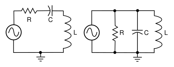 Series and parallel inductance-capacitance-resistance (LCR) tuned circuits