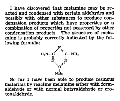 Portion of the patent, 'Manufacture of melamine-aldehyde condensation products,'US Patent No. 2,260,239, by William F. Talbot, October 21, 1941.