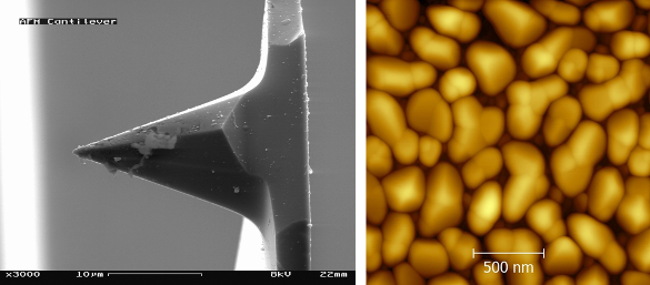 AFM probe tip and an AFM image of a magnetron sputtered tin layer