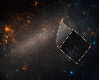 Ground-based telescope's view of the Large Magellanic Cloud with an inset image by the Hubble Space Telescope.