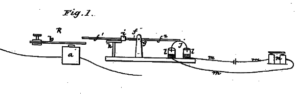 Fig. 1 of US Patent No.161.739, 'Improvement in transmitters and receivers for electric telegraphs,' by Alexander Graham Bell, April 6, 1875.