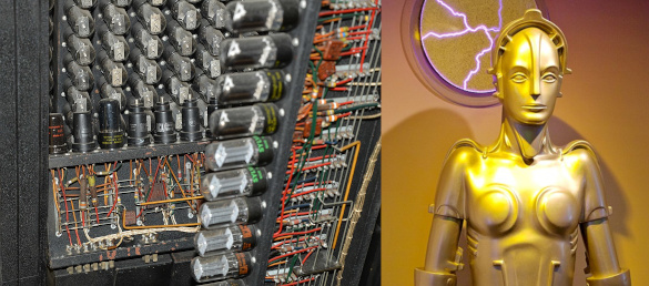 Eniac vacuum tubes and Maria robot from Metropolis