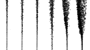 The shape of a bubble stream changes as the rate of bubble injection increases