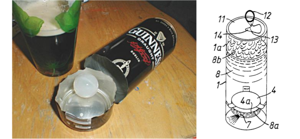 A Guinness widget for canned beer, and a figure from the original widget patent.