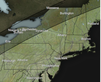 Path of totality for solar eclipse of April 8, 2024, near New York metropolitan area.